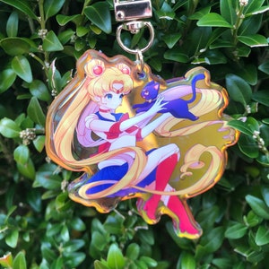 Sailor moon and Luna rainbow acrylic charm 3 x 3 inch charm with gold clasp