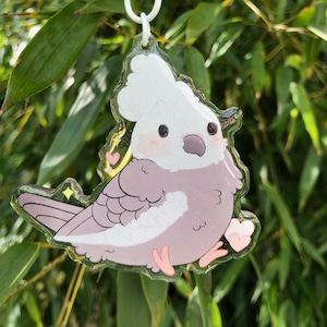 Cute kawaii chibi white faced cockatiel acrylic charm anime charm stars glitter hand made item aesthetic