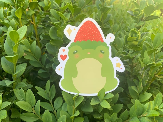 Cute Kawaii Green Strawberry Frog Sticker With Strawberry Hat