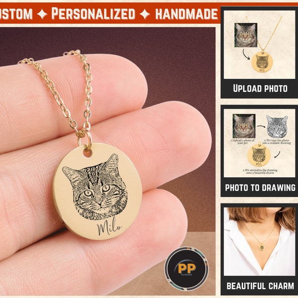 Custom Personalised Unique Necklace, Engraved Handmade Handcraft Women Jewelry, Photo Pet Dog Cat Pendant, Memorial Portrait Pet Lover Charm