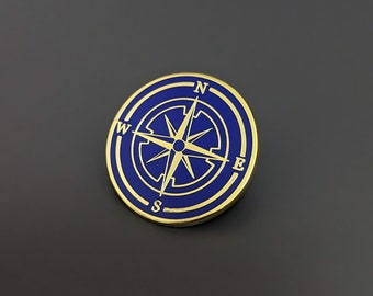 Blue and Gold Compass Pin. Stylish Hard Enamel Pin for Geography, Travel, Backpackers.
