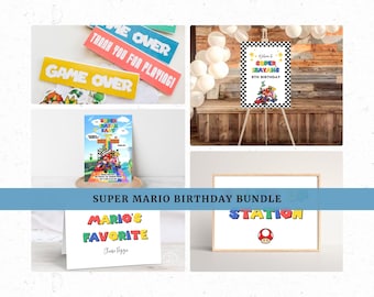 Super Mario Bros redigerbar mall födelsedagspaket, Super Mario inbjudan, Mario Kart välkomstskylt, direkt nedladdning