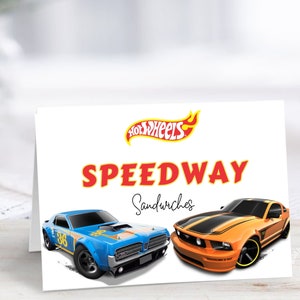BEWERKBARE Hot Cars Food Tent Labels, Wheels Verjaardag Thema Opvouwbare Tentkaarten, Race Cars Party Table Tent Cards, Instant Download