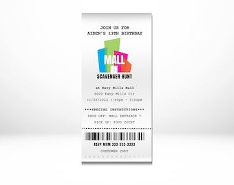 EDITABLE Mall Scavenger Hunt Receipt Invitation, Boy Girl Teen Birthday Party, Instant Download, Printable Invitation