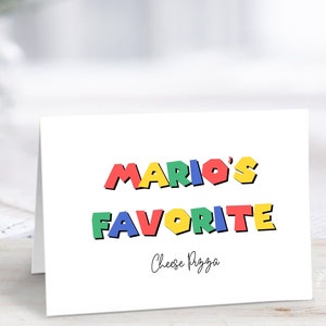 Etiquetas EDITÁVEIS para barraca de comida Super Mario Kart, cartões de barraca dobráveis Super Mario Bros, cartões de barraca de mesa de festa moderna Mario, download instantâneo