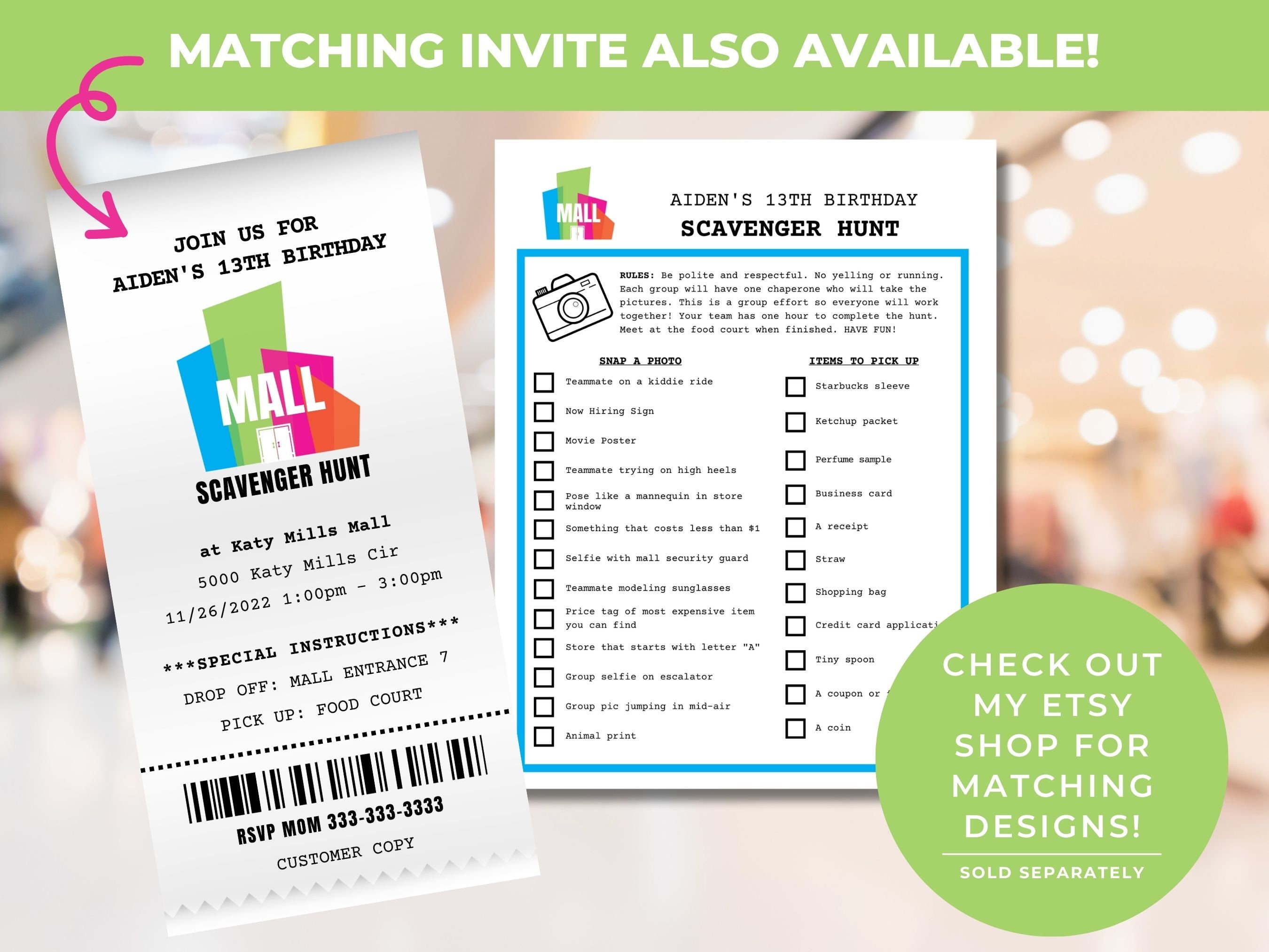 EDITABLE Mall Scavenger Hunt List, Teen Scavenger Hunt, Thirteen Mall Party Printable, Instant ...