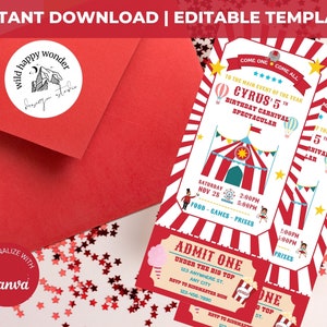 EDITABLE Carnival Circus Ticket Invitation Birthday Party Instant Download Printable Invitation Template Canva