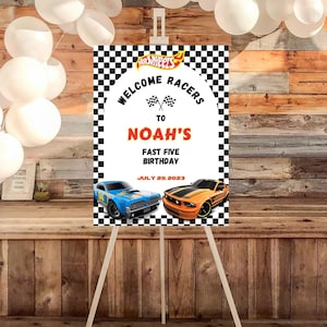 Signo de bienvenida EDITABLE de Hot Cars, señalización temática de coches de carreras, signo de evento de cumpleaños de ruedas, múltiples tamaños, descarga instantánea