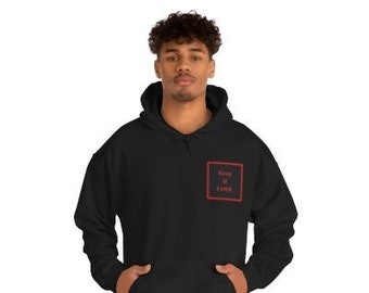 May include: Black hooded sweatshirt with a red box and the text "Keep it 100" in red.