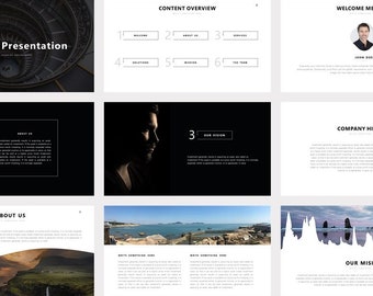 Business PowerPoint Presentation Template: Black & White Magazine Style (67 Pages)