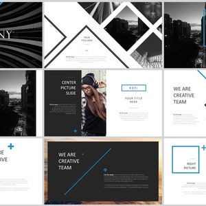 May include: A collection of presentation slides with a modern design. The slides feature a dark color scheme with blue accents and geometric shapes. Text includes "COMPANY", "Business Annual Report", and "WE ARE CREATIVE TEAM". Images include cityscapes and a person.