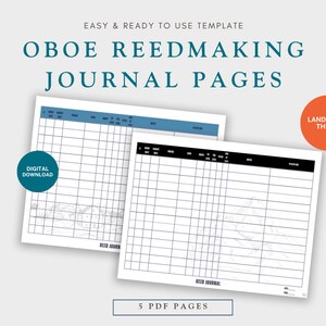 May include: Five printable PDF pages for an oboe reedmaking journal. The pages are in a landscape format with a black and white design. The text "Oboe Reedmaking Journal Pages" is at the top of the image. The text "Landscape Theme" is in an orange circle at the top right of the image. The text "Digital Download" is in a blue circle at the bottom left of the image.