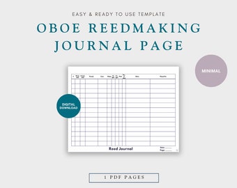 Oboe Reed Journal Page Digital Download PDF -- Minimal