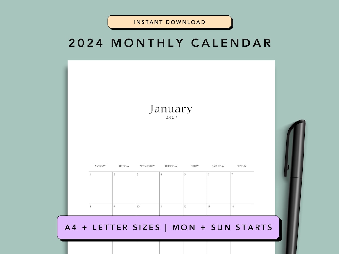 Elegant Calendar 2024 Printable Simple & Elegant Design Monday or Sunday Start Minimalist Wall ...