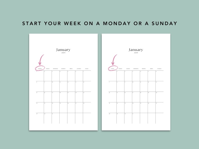 Elegant Calendar 2024 Printable Simple & Elegant Design Monday or Sunday Start Minimalist Wall ...