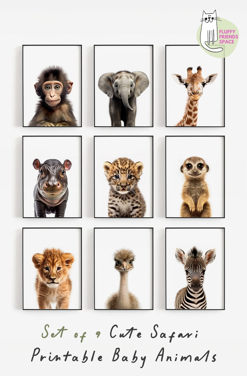 PRINTABLE Set of 9 Cute Safari Animal Nursery Wall Art Prints Etsy