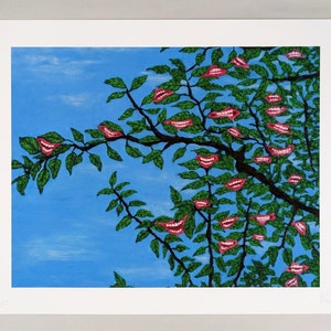May include: A colorful print of a tree with green leaves and pink mouths for fruit. The sky is blue with white clouds. The print is numbered 1/55.