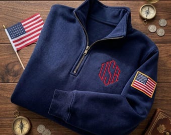 USA Monogram Embroidered Quarter Zip Sweatshirt with American Flag Patch, 4th of July 250 Years Anniversary Sweatshirt | Gift for Dad