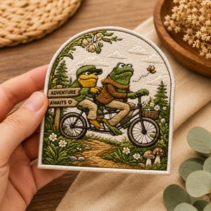 May include: An embroidered patch with an arched top featuring two frogs riding a tandem bicycle through a forest. A wooden sign reads ADVENTURE AWAITS with a heart symbol. The scene includes green foliage, white flowers, mushrooms, and a butterfly.