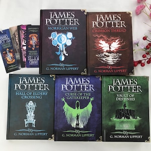 May include: A collection of fantasy novels titled "James Potter" by G. Norman Lippert. The book covers feature illustrations in shades of blue, brown, and green, with titles like "The Morrigan Web" and "Crimson Thread."