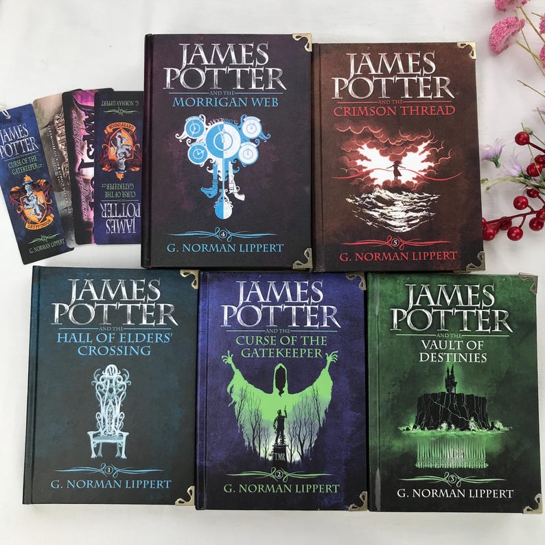 May include: A collection of fantasy novels titled "James Potter" by G. Norman Lippert. The book covers feature illustrations in shades of blue, brown, and green, with titles like "The Morrigan Web" and "Crimson Thread."