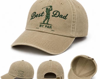 Best Dad By Par Embroidered Golf Hat Washed Khaki Dad Cap | Golf Dad Hat, Father’s Day Gift for Golfer, Vintage Baseball Cap