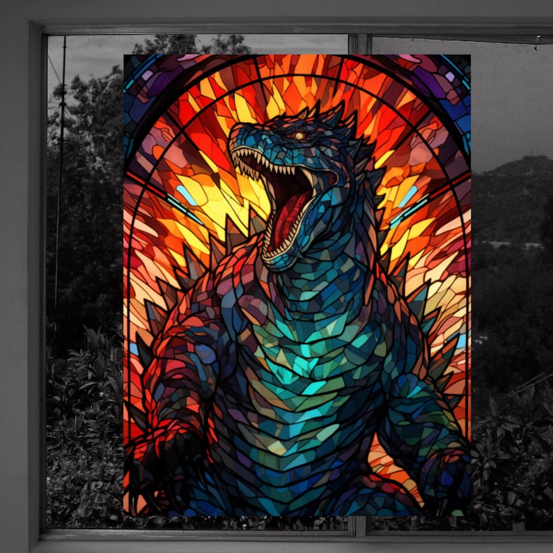 May include: A stained glass window depicting a blue and red monster with sharp teeth and claws, roaring with a fiery background.