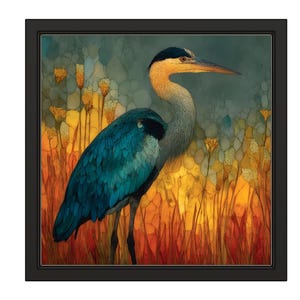 May include: A framed art print featuring a blue heron in a field of tall grass. The heron has a long beak and is standing in a field of yellow and orange grass. The background is a mix of green and blue. The frame is black.