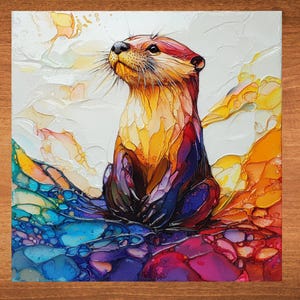 May include: A colorful painting of an otter sitting up and looking to the right. The otter is painted in shades of yellow, orange, red, purple, and blue. The background is a white and yellow abstract design.
