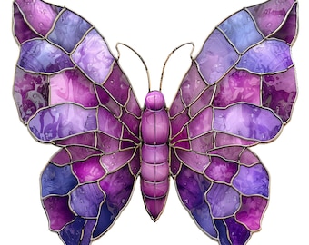 May include: A purple and blue stained glass butterfly with a detailed design. The butterfly has a metallic finish and is a decorative piece.