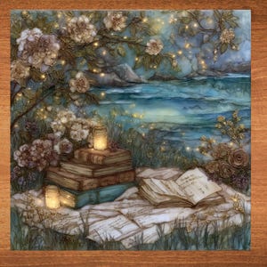 May include: A painting of a stack of books, a jar of fireflies, and a book open on a blanket. The scene is set in a forest by a lake with fireflies in the air and flowers in the foreground.