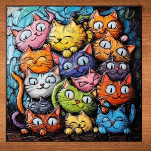 May include: A colorful painting of a group of cats with different expressions and colors. The cats are arranged in a cluster, with some overlapping others. The painting is done in a textured style, giving the cats a 3D appearance.