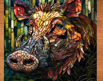 Warthog Stained Glass Look Art on Glossy Ceramic Decorative Tile Tileful Artful Mosaic Wall Decor