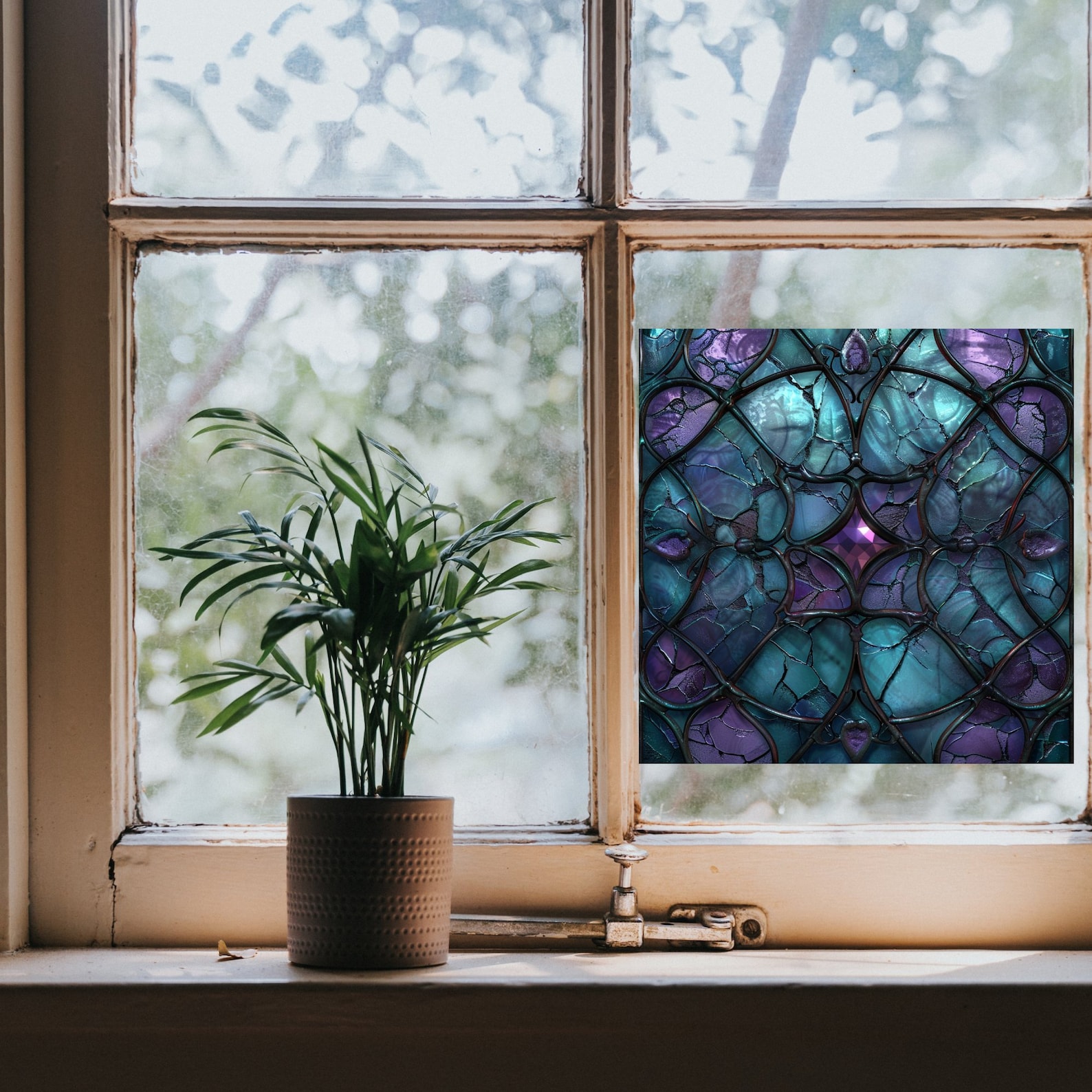 Deep Purple and Teal Stained Glass Window Cling Gothic Decor Sticker ...