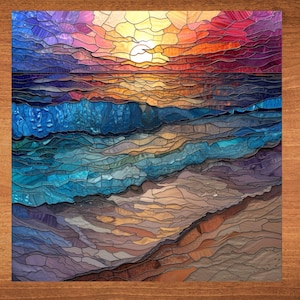 May include: A stained glass artwork depicting a sunset over the ocean. The sky is a vibrant mix of purple, pink, orange, and red. The sun is a bright yellow circle, and the ocean is a deep blue with waves crashing on the shore. The beach is a sandy brown color.