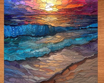 Gentle Ocean Waves Sunrise Stained Glass Look Art on Glossy Ceramic Tile Tileful Artful Display Piece and Gift