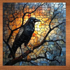 May include: A black crow perched on a branch with a stained glass background. The stained glass features a variety of colors, including blue, green, yellow, and orange. The crow is facing to the right and has its wings folded.