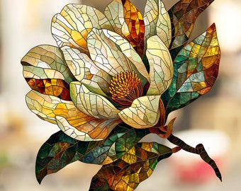 Magnolia Stained Glass Window Cling Beautiful Flower Window Artwork Window Decal Sticker Vinyl Film Gift for Nature Lover Her Mom