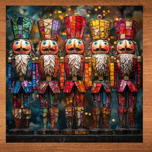 May include: Five colorful nutcracker figurines with mosaic-style designs. Each has a tall hat, a white beard, and a detailed uniform in shades of red, orange, yellow, blue, and purple. They stand on a dark wooden base, with a blurred background of lights.