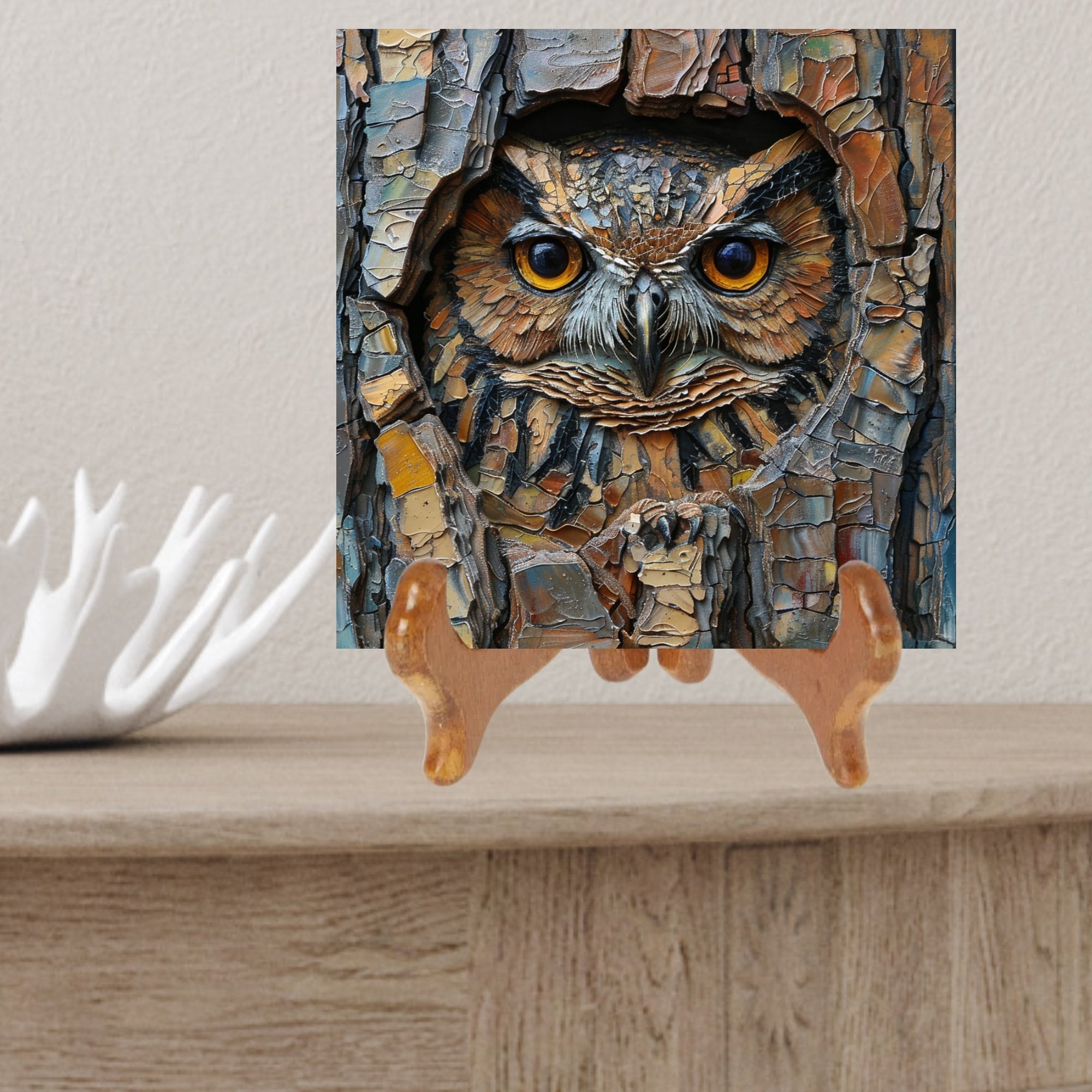 Owl in Hollow Tree Stained Glass Look Art on Glossy Ceramic Tile Decorative Gift Artful Mosaic Wall Decor