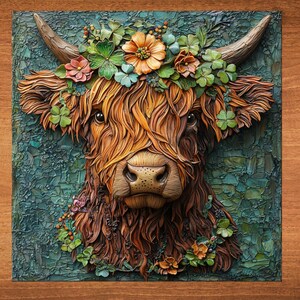 Irish Highland Cow Ceramic Art Tile Artful Bookshelf Book Nook Wall Decor Gift for Her Saint Patrick's Day Springtime Irish afbeelding 1