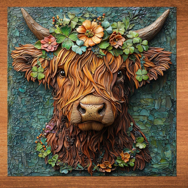Irish Highland Cow Ceramic Art Tile Artful Bookshelf Book Nook Wall Decor Gift for Her Saint Patrick's Day Springtime Irish afbeelding 1