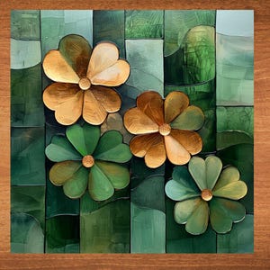 May include: A painting of four stylized flowers with green and gold petals on a green and brown background.