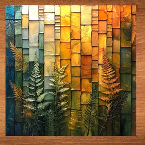 May include: A mosaic artwork featuring a stylized depiction of ferns in shades of green, brown, and yellow. The background is a grid of squares in various shades of yellow, orange, and blue.