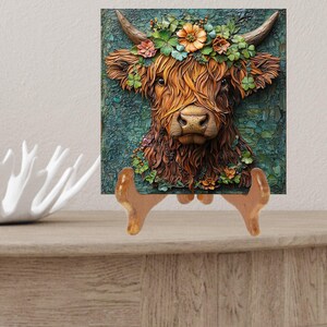 Irish Highland Cow Ceramic Art Tile Artful Bookshelf Book Nook Wall Decor Gift for Her Saint Patrick's Day Springtime Irish afbeelding 2