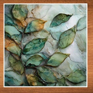 May include: Abstract artwork featuring a close-up of stylized leaves in shades of green, teal, and gold. The leaves have a textured appearance, with visible veins and a glossy finish. The background is a mix of light blue and white, creating a sense of depth.