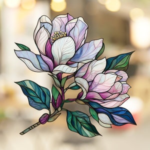 Magnolia Stained Glass Window Cling Beautiful Flower Window Artwork Window Decal Sticker Vinyl Film Gift for Nature Lover Her Mom