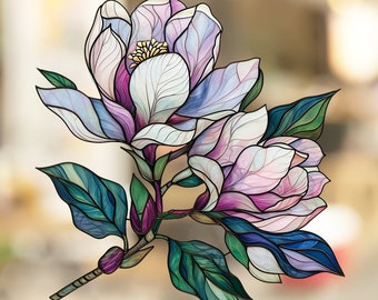 Magnolia Stained Glass Window Cling Beautiful Flower Window Artwork Window Decal Sticker Vinyl Film Gift for Nature Lover Her Mom