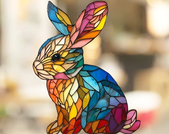 Bunny Stained Glass Window Cling Window Sticker Decal - No Adhesive Required, Reusable Gift for Her Him Home