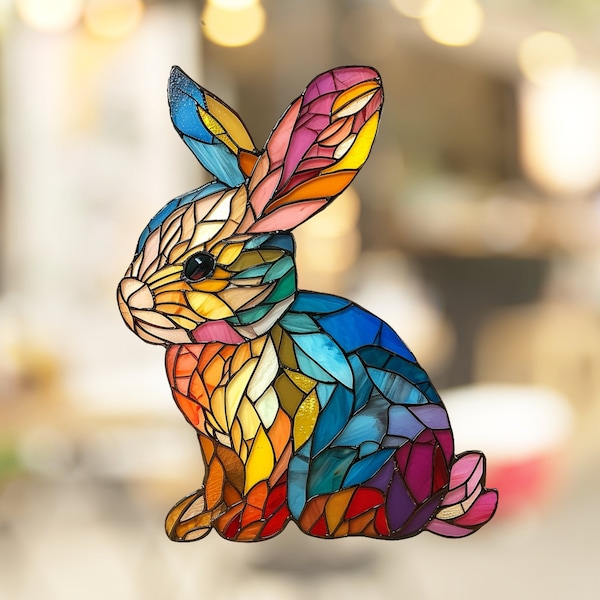 Bunny Stained Glass Window Cling Window Sticker Decal - No Adhesive Required, Reusable Gift for Her Him Home